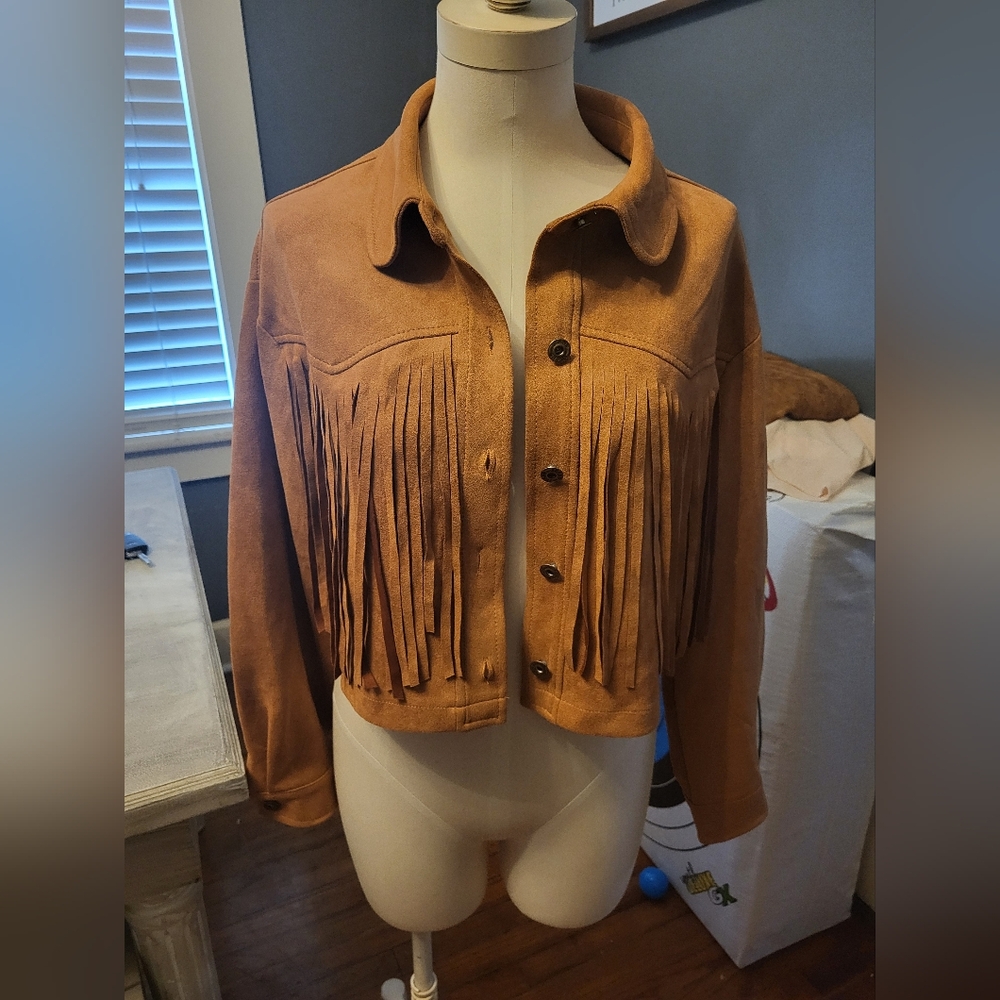 Camel colored fringe jacket, lightweight.